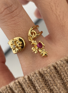 博主同款十字架复古彩色锆石开口戒指精致轻奢金色拉丝新年尾戒