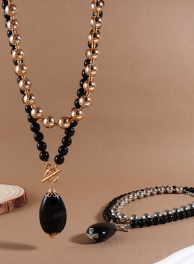 欧美春夏新款串珠两件套多层圆珠叠戴项链复古水滴吊坠项饰