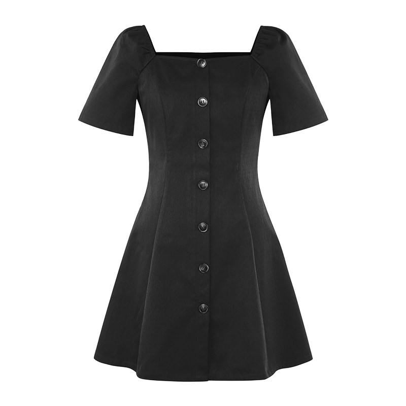 毛菇小象黑色方领女2020夏连衣裙 毛菇小象连衣裙