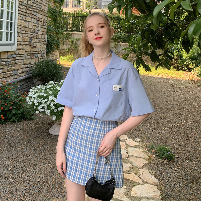 毛菇小象休闲短袖格子女2020夏衬衫 毛菇小象衬衫