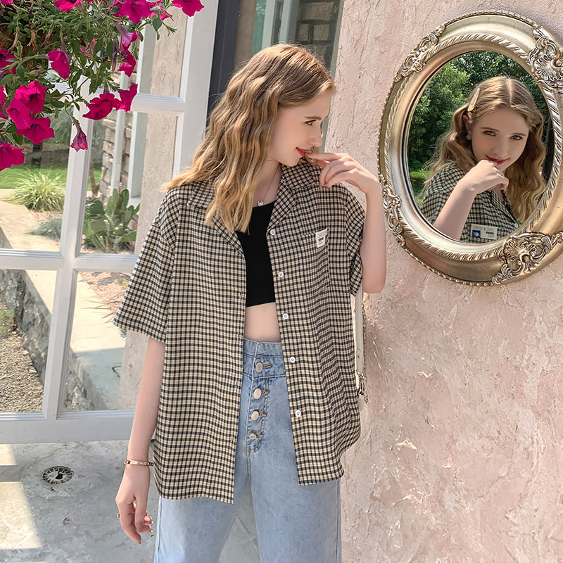 毛菇小象休闲短袖格子女2020夏衬衫 毛菇小象衬衫