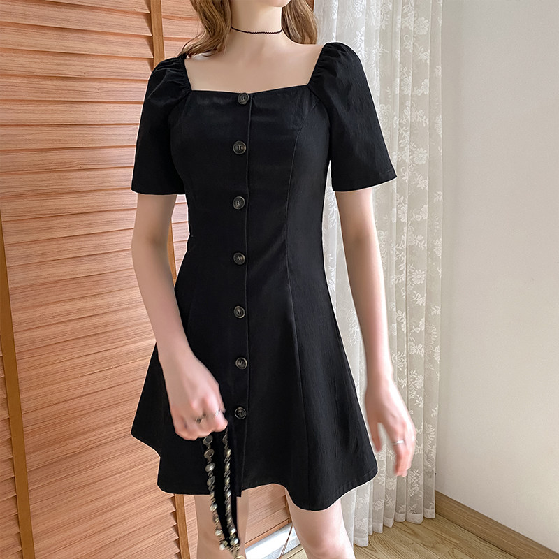 毛菇小象黑色方领女2020夏连衣裙 毛菇小象连衣裙