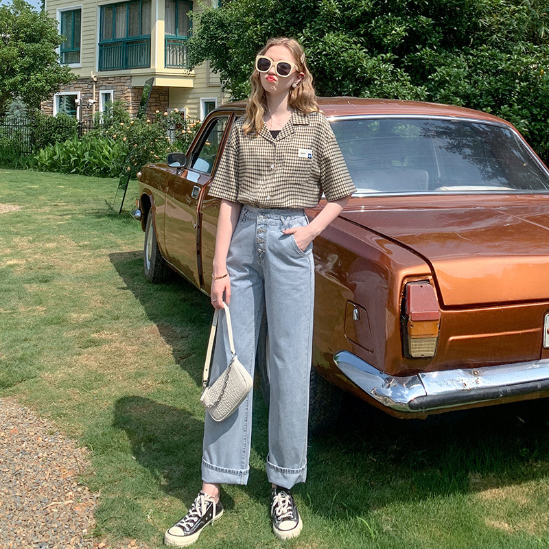 毛菇小象休闲短袖格子女2020夏衬衫 毛菇小象衬衫