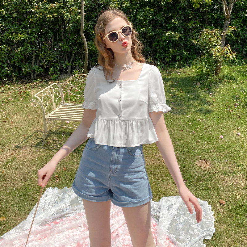 毛菇小象方领泡泡袖2020新法式衬衫 毛菇小象衬衫