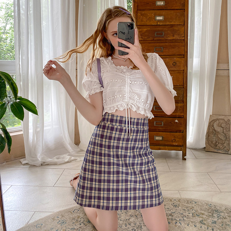 毛菇小象紫色格子女夏2020半身裙 毛菇小象半身裙
