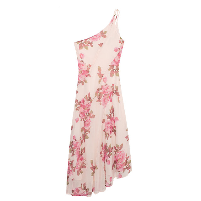 Pure Desire Hot Girl Vacation Personalized Sloping Collar One-Shoulder Flower Printed Suspender Skirt Waist Slimming Versatile Midi-Length Dress