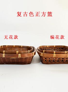 古色竹编花正方篮点菜四方碗竹筐