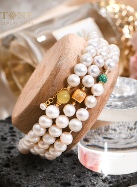 普琳丝珍藏级中国浙江诸暨淡水无核珍珠翡翠蜜蜡路路通手链女S925