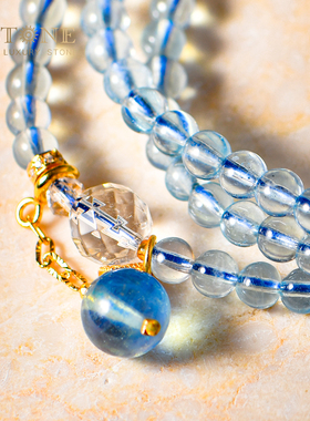 普琳丝海蓝宝水晶手串天然蓝色宝石冰透缺水喜水串珠情绪稳定手链