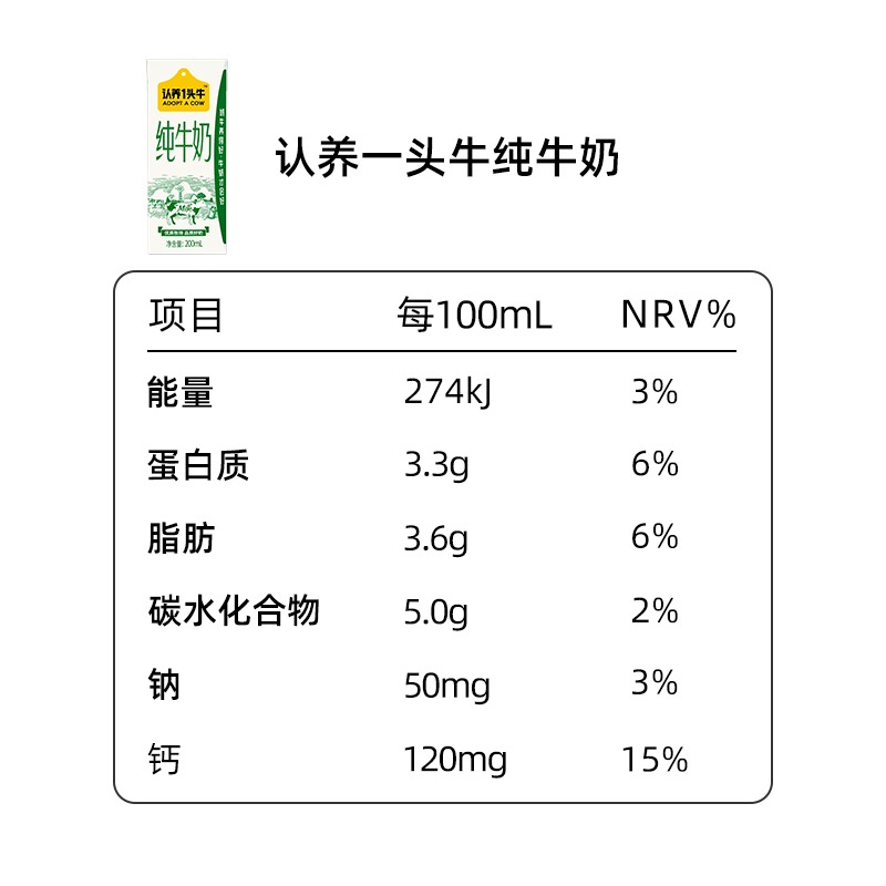 认养一头牛全脂纯牛奶200ml*12盒*2箱