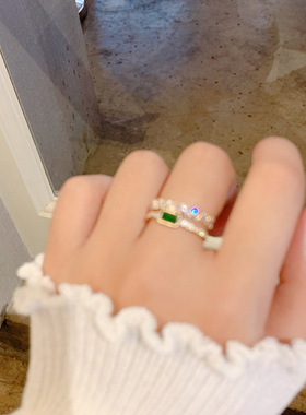 ins孔雀绿满钻小众复古双层戒指