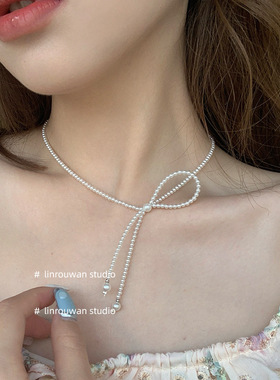 施家珍珠蝴蝶结锁骨链女超仙颈链