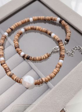 韩国新款咖色石头串珠木头淡水珍珠项链女高级感 法式锁骨链项饰