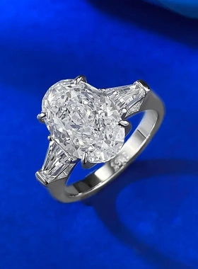 辉之翼新款新款925银高碳钻冰花切8*12鸽子蛋欧美ins风婚戒戒指环