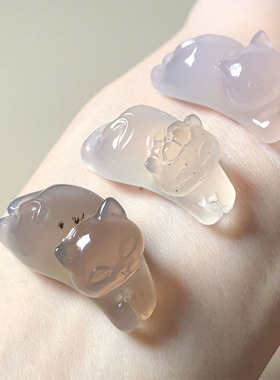 海洋玉髓趴趴猫吊坠天然玛瑙草花