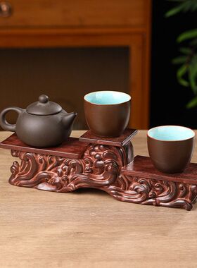 中式仿木根雕奇石茶壶底座摆件