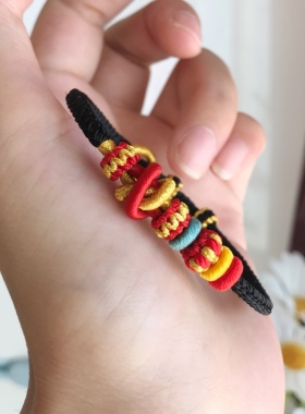 手工编织八股辫情侣闺蜜女生红黑色双连结线圈手绳链可穿饰品黄金