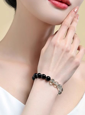 天然黑曜石绿幽灵五行补缺绿檀手串水木满天星水晶手链招财旺事业