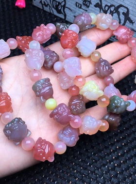 盐源玛瑙手链冰种老料 糖果色七彩雕刻九尾狐玛瑙手链手串12.8mm