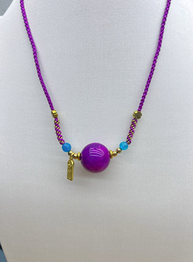 原创天然南非老矿星际蓝舒俱来圆珠樱花紫手工编织吊坠锁骨项链