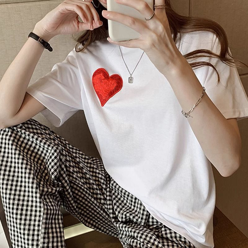爱心刺绣纯棉T恤女夏季新款潮牌欧货短袖半袖美式高街上衣打底衫,淘宝优惠券,粉丝福利购,淘宝优惠卷