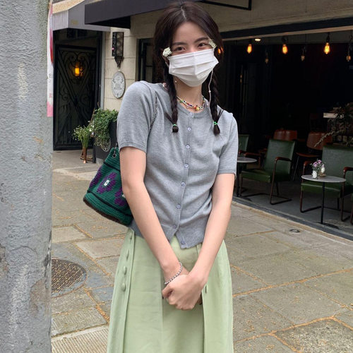EALA纯色针织开衫女2025新款韩版上衣潮短袖T恤薄款春夏季ins毛衣 - 图2
