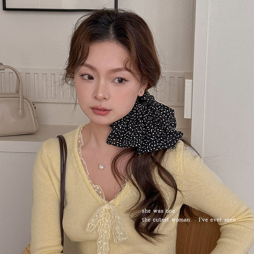 韩系黑白波点蝴蝶结抓夹女气质半扎发夹网纱发卡鲨鱼夹子发抓头饰 - 图1