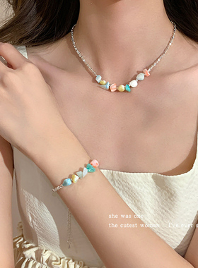 彩色石头碎银项链女款