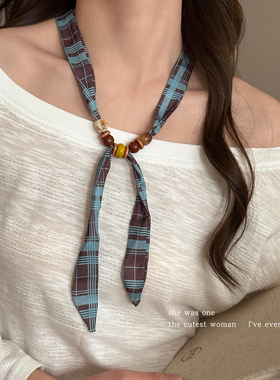 复古串珠布艺项链女可调节锁骨链