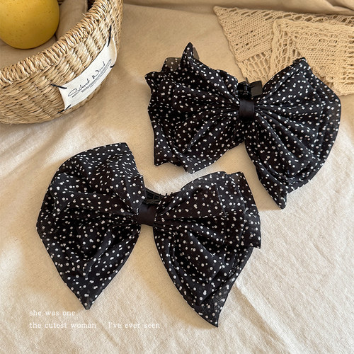 韩系黑白波点蝴蝶结抓夹女气质半扎发夹网纱发卡鲨鱼夹子发抓头饰 - 图2