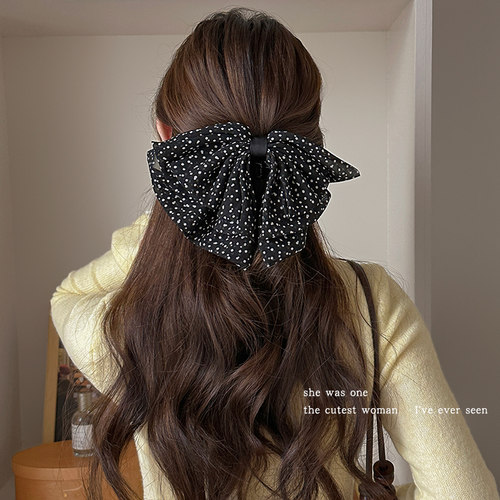 韩系黑白波点蝴蝶结抓夹女气质半扎发夹网纱发卡鲨鱼夹子发抓头饰 - 图3