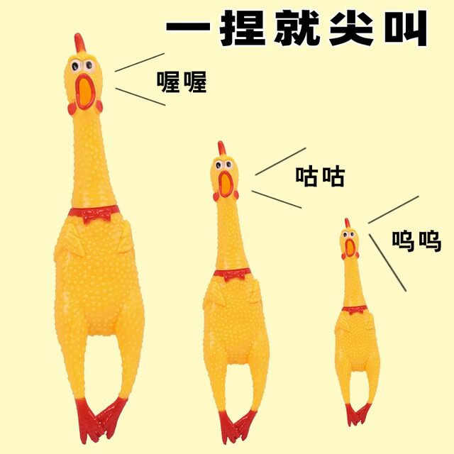Screaming toy chicken pinches and screams in despair, chicken team building fun activities, blindfolded chicken squeals and hits people interactive game