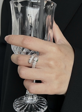 高级感贵气小众设计冷淡风蛇年绿色眼镜银色带钻蛇形戒指女生开口