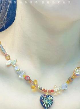 DIY原创红色爱心捷克琉璃猫头吊坠时尚小众ins风女性锁骨链