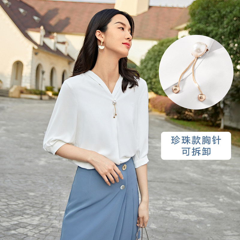 对白职业v领泡泡袖简约小衫衬衫 对白蕾丝衫/雪纺衫