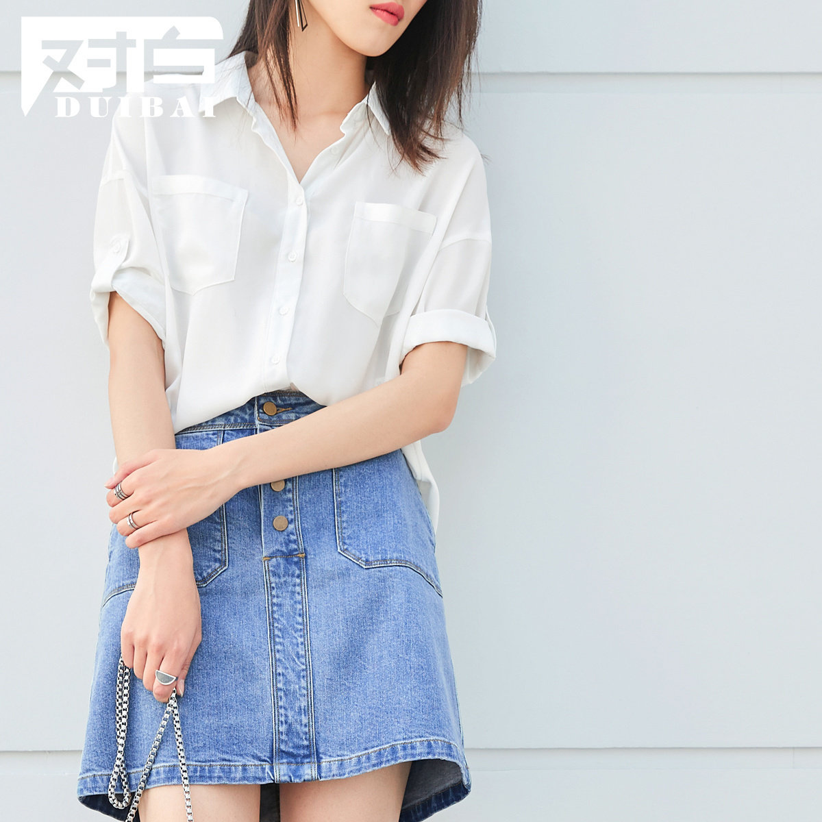 对白短袖白衬衫女士2020夏装雪纺衫 对白衬衫