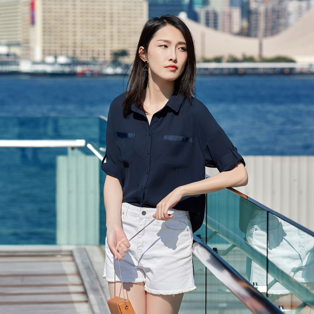 对白短袖白衬衫女士2020夏装雪纺衫 对白衬衫