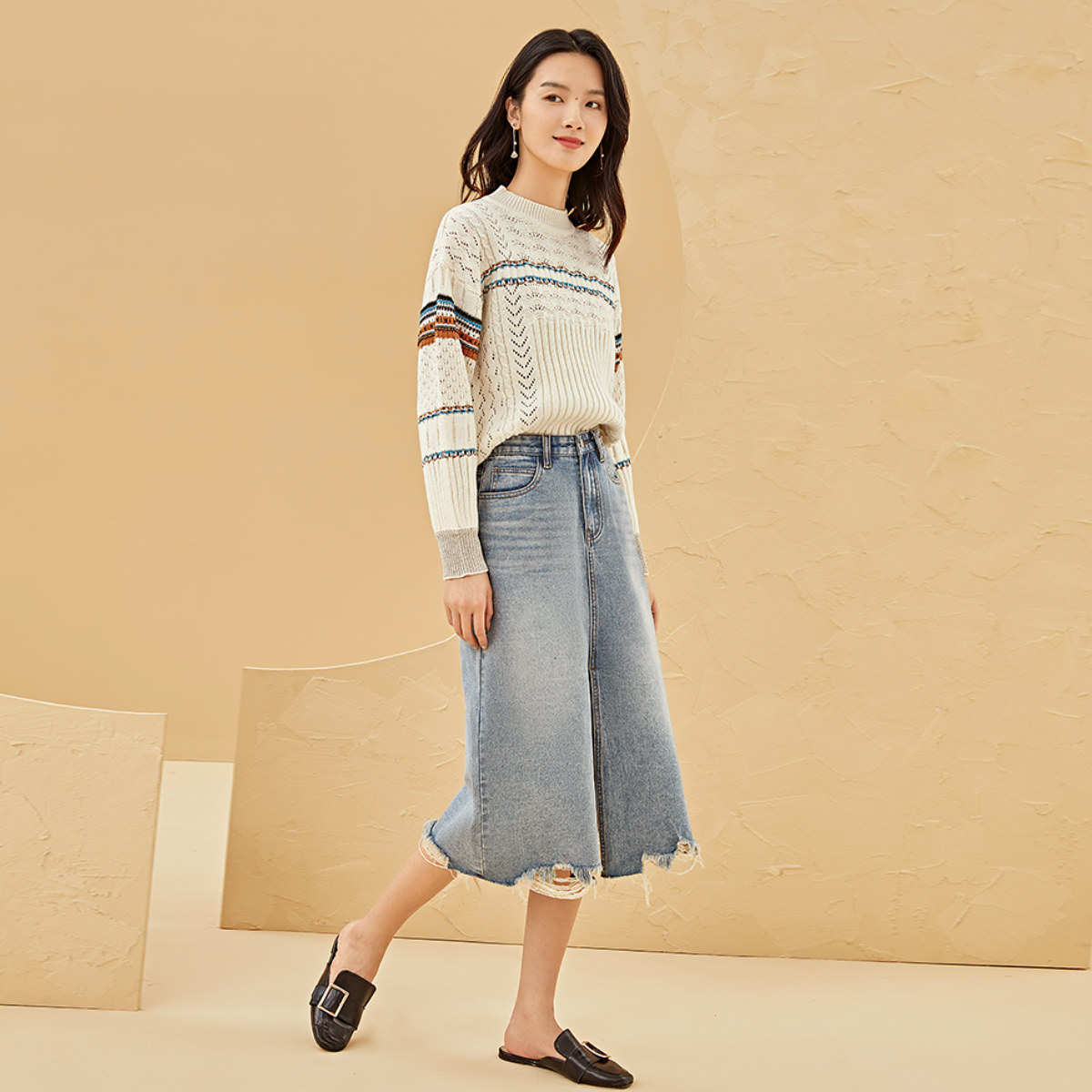 【敦煌系列】对白慵懒风女外穿针织衫 对白毛衣