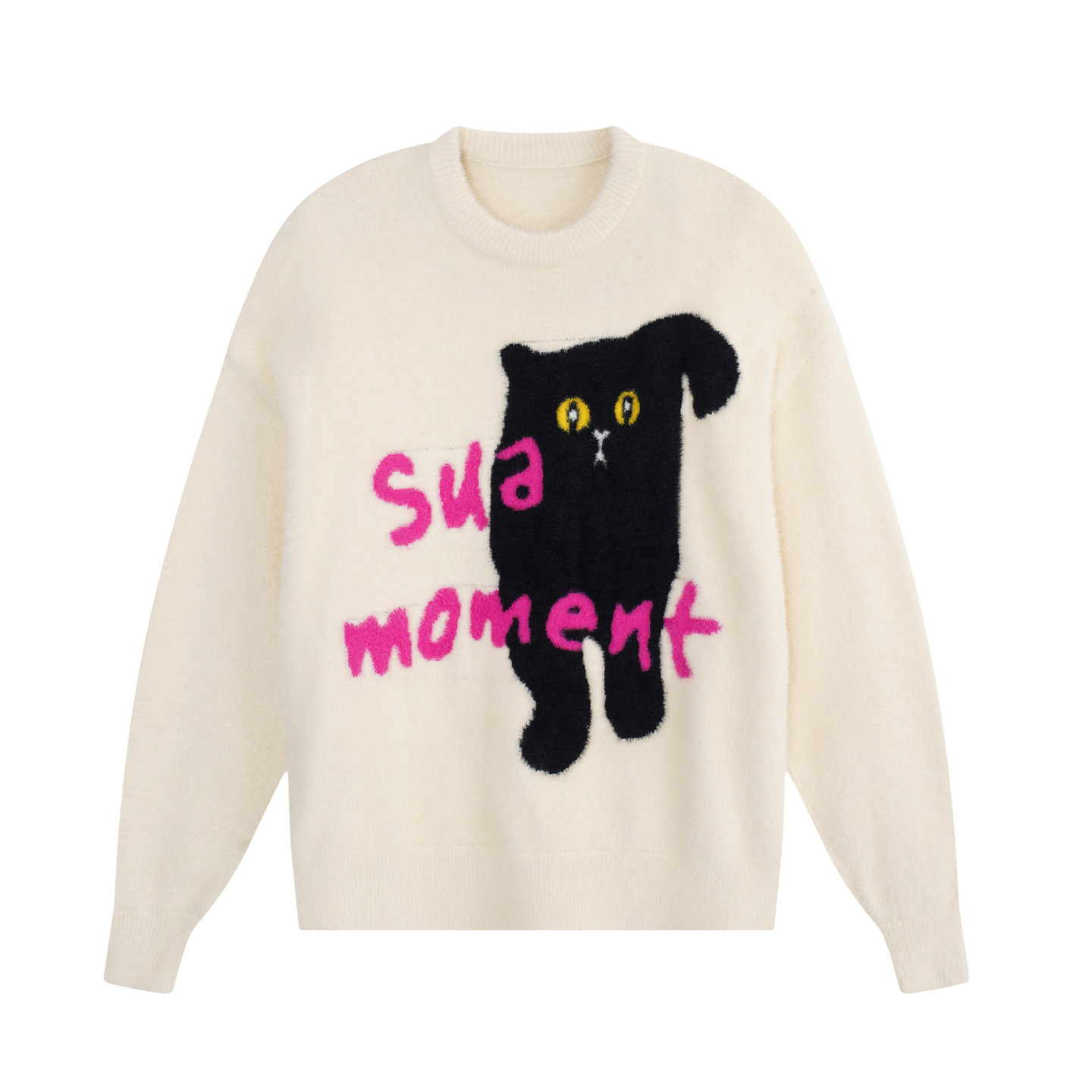 YUZI鱼子毛绒感毛衣黑猫字母提花米色宽松慵懒甜美温柔大码女装,淘宝优惠券,粉丝福利购,淘宝优惠卷