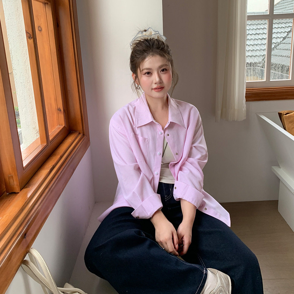 YUZI鱼子粉白条纹衬衫外套特大码女装胖mm秋冬宽松显瘦减龄上衣,淘宝优惠券,粉丝福利购,淘宝优惠卷