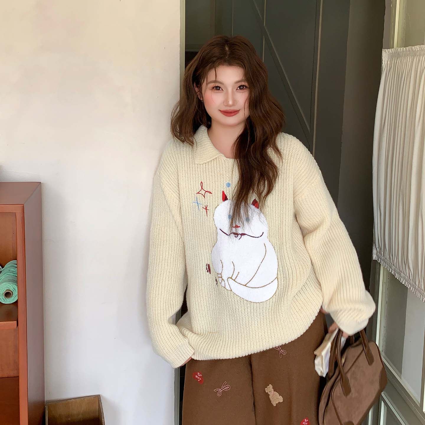 YUZI鱼子韩系Polo毛衣特大码女装胖mm秋冬气质宽松显瘦针织衫上衣,淘宝优惠券,粉丝福利购,淘宝优惠卷