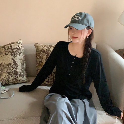 YUZI鱼子露思内搭大码女装U领长袖T恤微胖mm高弹力正肩显瘦百搭 - 图1