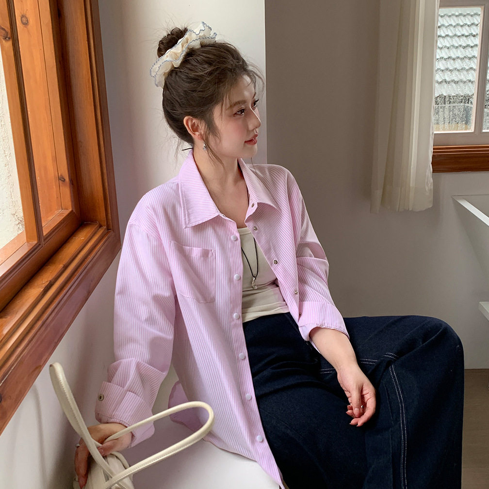 YUZI鱼子粉白条纹衬衫外套特大码女装胖mm秋冬宽松显瘦减龄上衣,淘宝优惠券,粉丝福利购,淘宝优惠卷