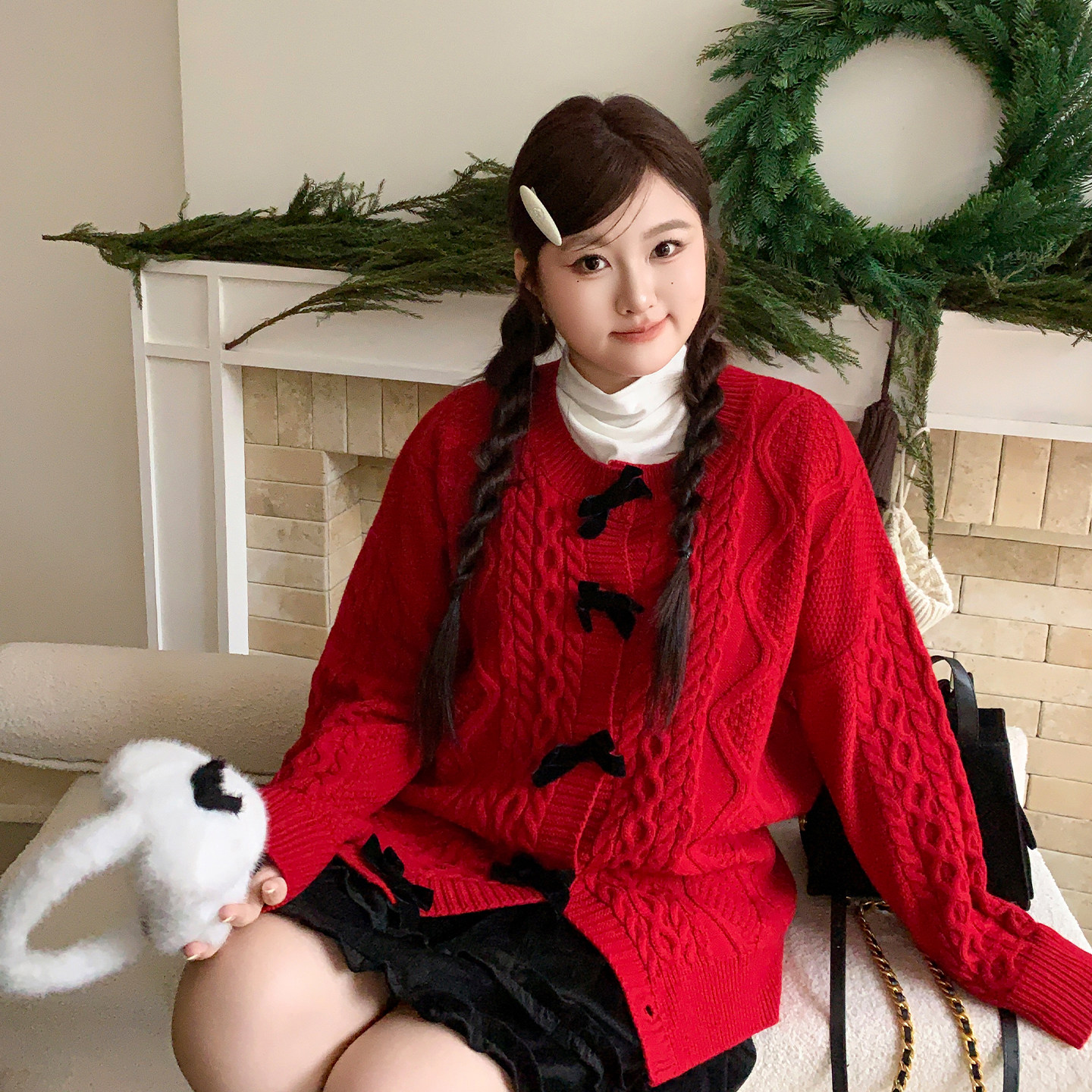 YUZI鱼子红色氛围感毛衣开衫新年千金感黑色丝绒蝴蝶结大码女装,淘宝优惠券,粉丝福利购,淘宝优惠卷