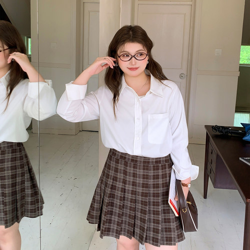 YUZI鱼子极简显瘦衬衫特大码女装宽松纯欲百搭气质减龄纯色胖mm - 图0