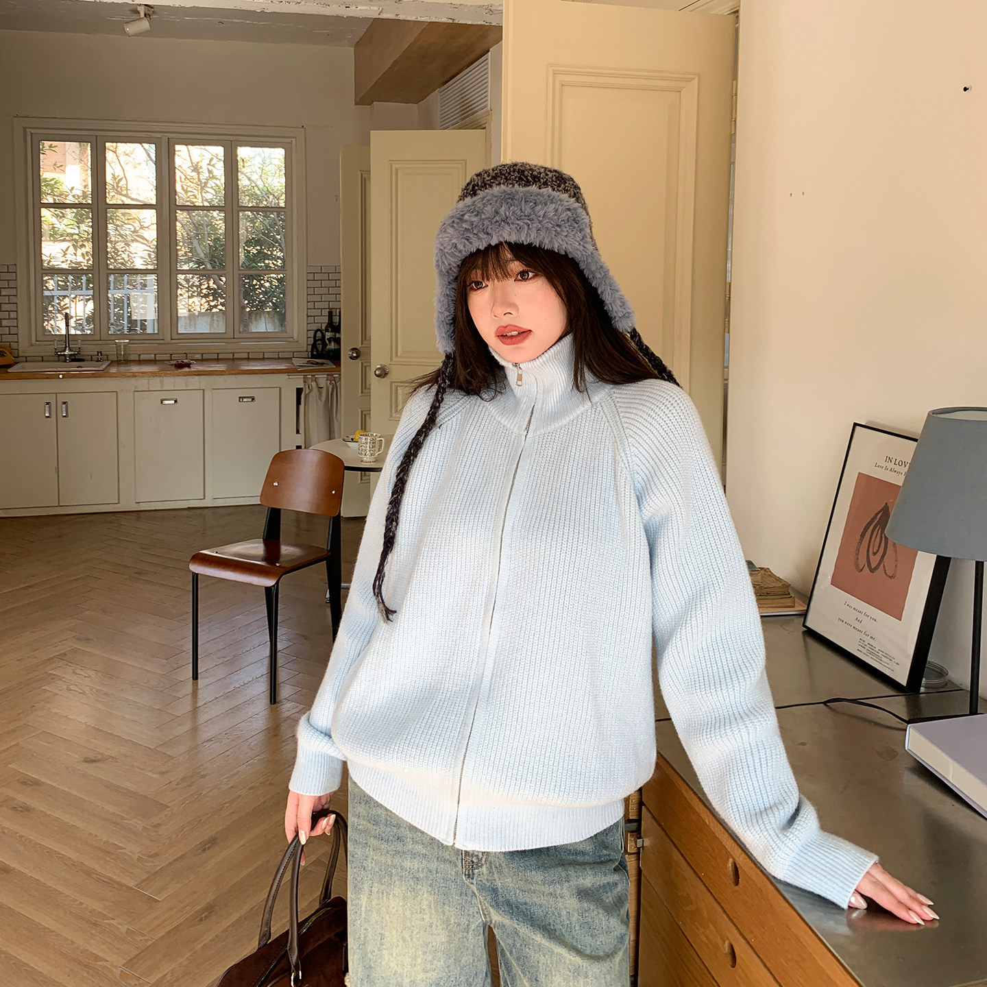 YUZI鱼子韩系高领拉链针织开衫慵懒风衫减龄软糯毛衣上衣大码女装,淘宝优惠券,粉丝福利购,淘宝优惠卷