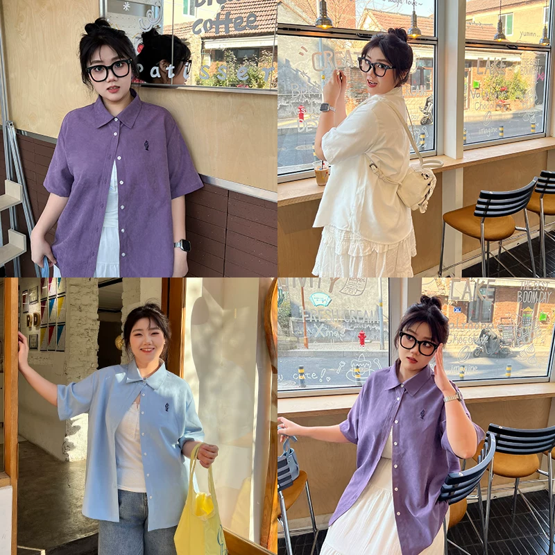 [YUZI鱼子落肩翻领短袖衬衫大码女装夏季微胖mm显瘦遮肉通勤休假]
