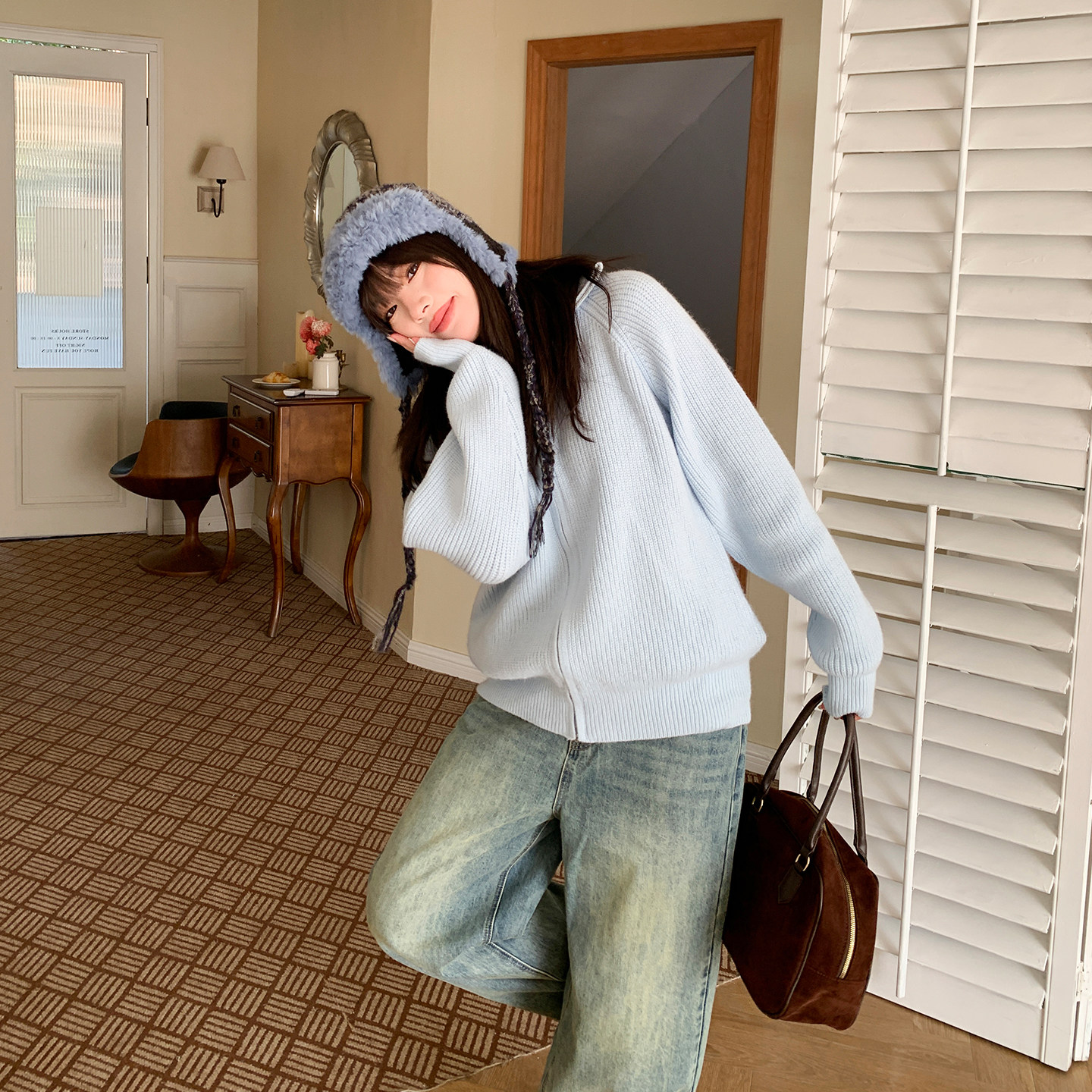 YUZI鱼子韩系高领拉链针织开衫慵懒风衫减龄软糯毛衣上衣大码女装,淘宝优惠券,粉丝福利购,淘宝优惠卷