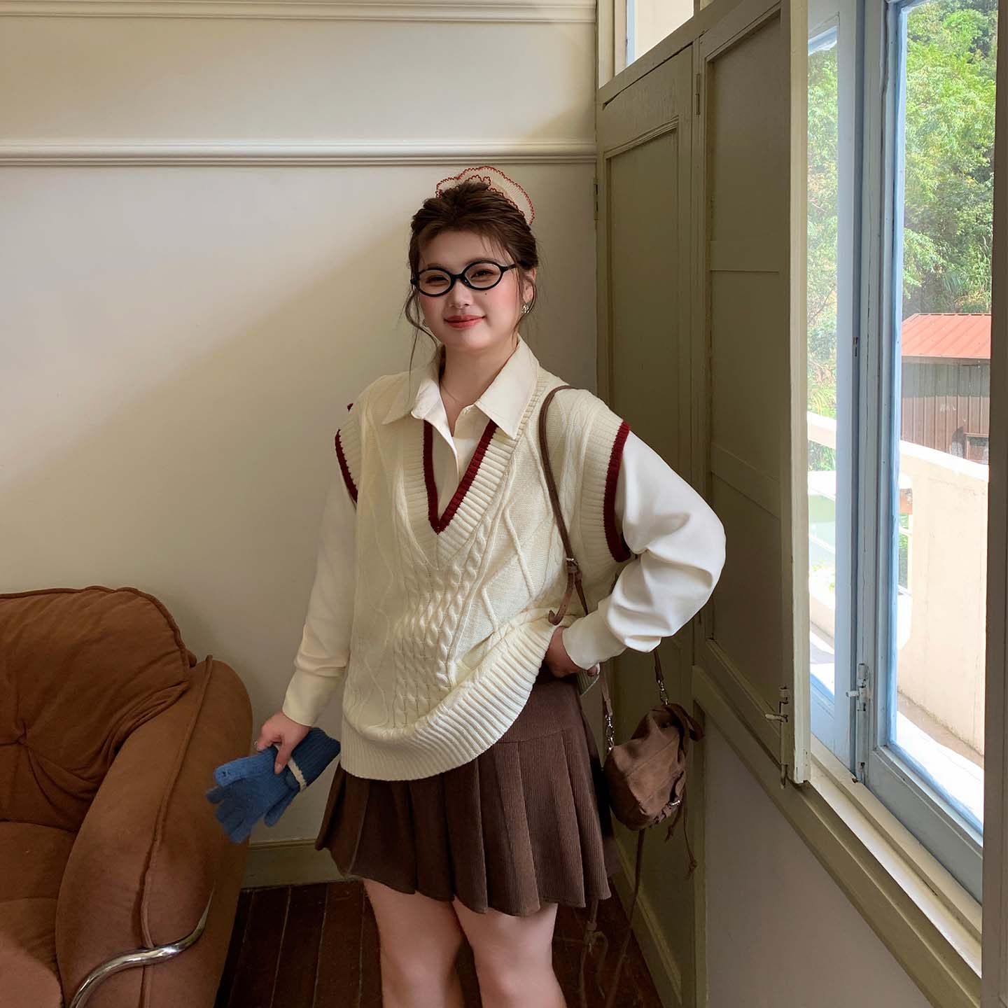 YUZI 鱼子撞色麻花毛衣马甲特大码女装胖mm学院风宽松显瘦百搭,淘宝优惠券,粉丝福利购,淘宝优惠卷