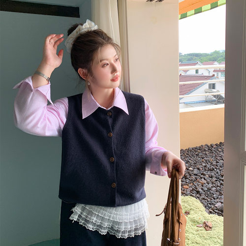 YUZI鱼子针织背心马甲特大码女装短款韩系学院风甜美复古叠穿胖mm - 图2